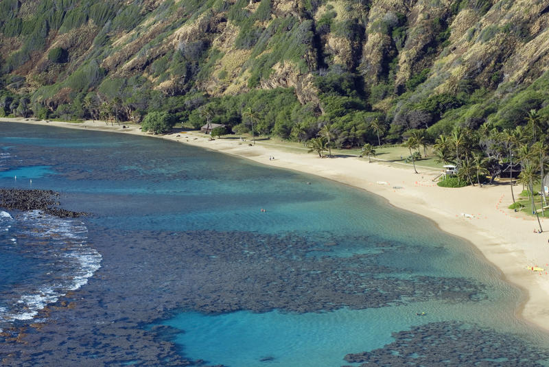 beautiful horsehoe bay and sheltered beach at Hanuma, oahu, hawaii